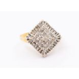 A diamond and 9ct gold cluster ring, diamond shaped cluster set with round brilliant cut diamonds to