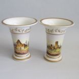 A pair of English porcelain spill vases, hand painted with rural landscape scenes, hand gilded.