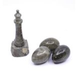 Cornish Interest - a serpentine marble model of a lighthouse, approx 15cm high; and a group of three