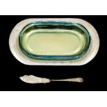 A Modern plain silver oblong butter dish, with gilt recess and matching butter knife, aqua glass