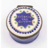A George III Bilston enamel circular pill box, circa 1790, the cover with white ground painted