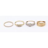 A collection of four 9ct gold rings, including two diamond set, sizes P and R1/2, along with an