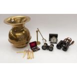 A brass spittoon advertising Redskin brand tobacco, along with a cased brass desk, cased compass,