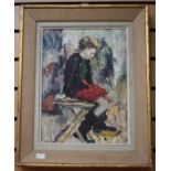 Oil on board, English School, circa 1960's, a girl sitting, unsigned, and entitled Regina, framed 37