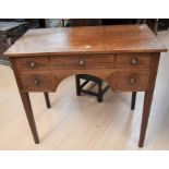 Late Georgian small low boy mahogany desk on tapered legs, lion heads finger handles, inlaid
