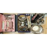 A collection of silver plated wares including cased canteen of cutlery, boxed and cased flat