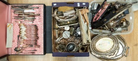A collection of silver plated wares including cased canteen of cutlery, boxed and cased flat