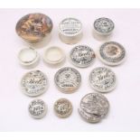 A collection of 19th Century toothpaste pot and pot lids including Boots, Maw & Sons, W Woods etc
