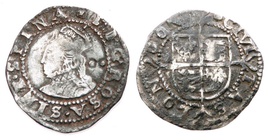 Elizabeth I silver halfgroat.  Sixth Issue, 1582-1600 AD. Silver, 19mm, 1.0g. Crowned bust left, two