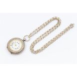 A ladies silver open faced pocket watch, white enamel dial with gilt decoration (one hand