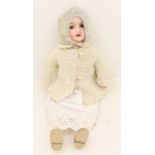 Doll: A bisque head doll, jointed composition body, open and close eyes, open mouth with five