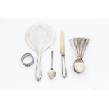 Set of five silver dessert spoons, old English pattern, a silver bread knife and a silver jam spoon,