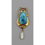 Murrle Bennett turquoise and baroque pearl pendant in 15ct gold (as found), 6.1gms gross