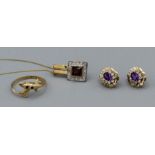 A selection of gold jewellery to include a diamond and garnet 9ct gold pendant on substantial gold