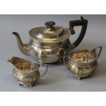 Silver tea set, comprising teapot, milk jug and sugar bowl. Birmingham 1922. SB and S Ltd. Approx.