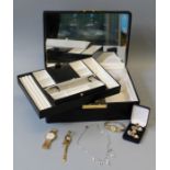 Collection of watches and costume jewellery to include a large leather jewellery box and a Swarovski