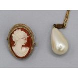 A 9ct gold cameo brooch plus a 9k stamped pearl drop with yellow metal chain