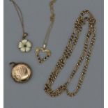 A pair of 9ct gold pendants on chains, one a carved mother of pearl set with a small emerald, the