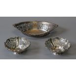 Open work marquise shape silver dish, 1901 Birmingham together with a pair of open work bonbon