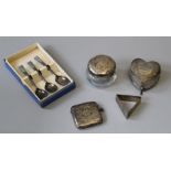 A selection of hallmarked silver items comprising of three teaspoons in a box, a lidded glass dish