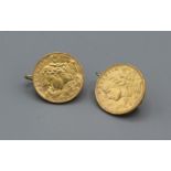 19-3 Swiss Twenty Frank gold coin. Quantity two converted into a pair of earrings