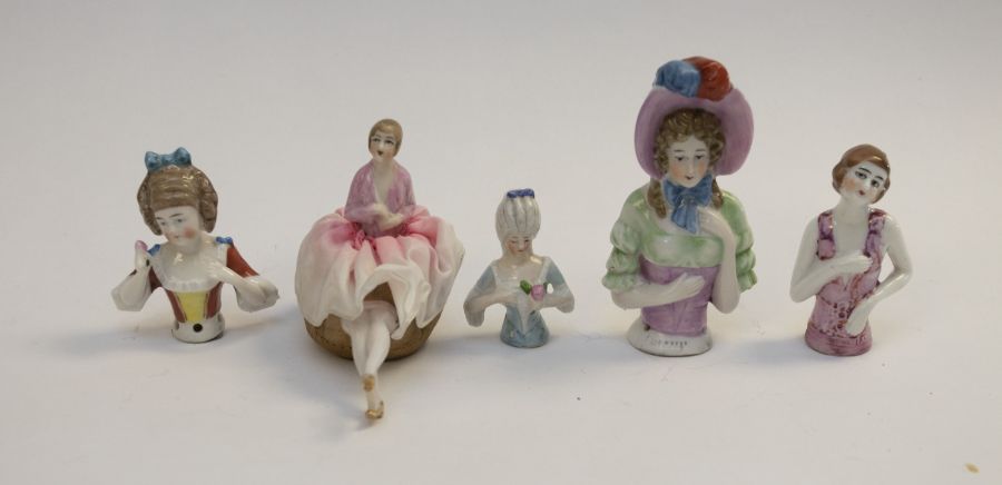Flapper china painted all original antique Pin cushion doll with long legs and gold painted shoes,