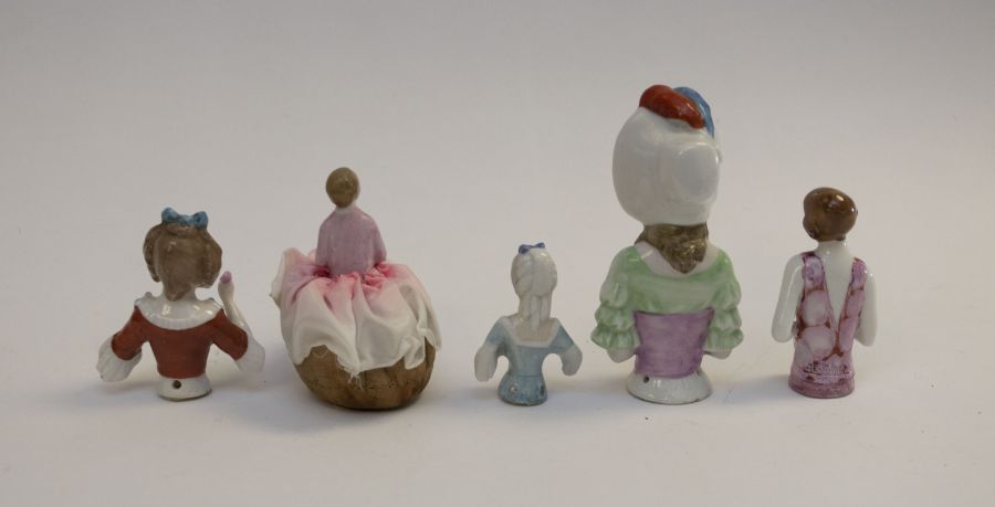 Flapper china painted all original antique Pin cushion doll with long legs and gold painted shoes, - Image 2 of 2