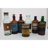 6 assorted antique chemist jars with assorted original labels including "Liquor Morphionae Acetatis"