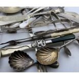 A collection of silver and silver plated flatware, to include; a jade handled silver knife, George