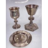 A small collection of ecclesiastical silver ware. ti include: A Victorian silver goblet, by