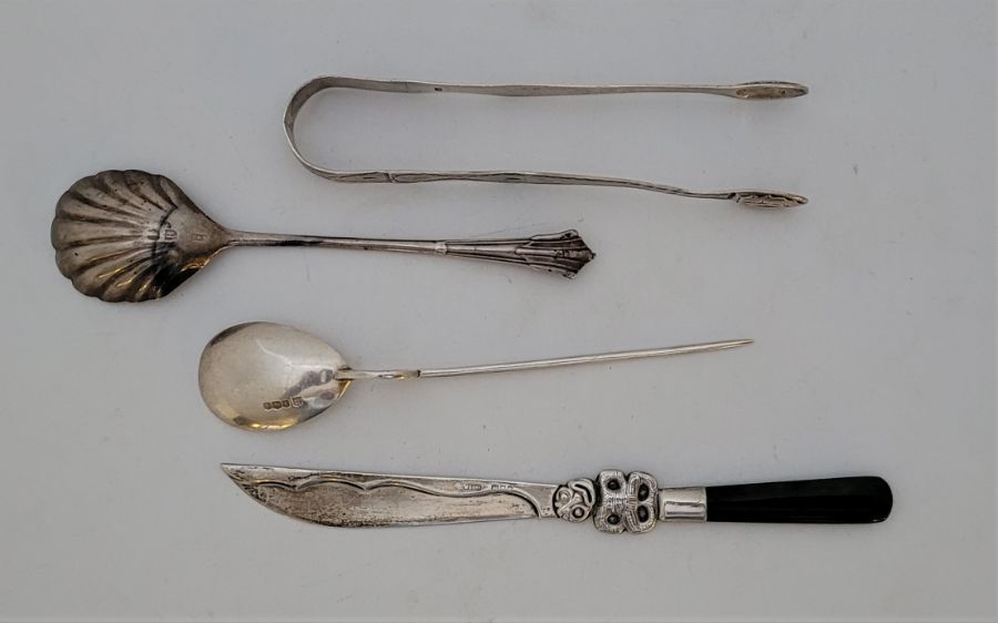 A collection of silver and silver plated flatware, to include; a jade handled silver knife, George - Image 2 of 2