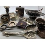 A large collection of white metal silver and plated items to include a large silver handled button