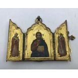 A 19th cent Russian 84grade silver Gilt triptych Icon makers marks impressed to front Stamped 84