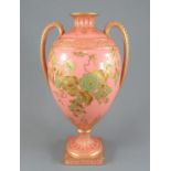 An early twentieth century Royal Crown Derby porcelain two-handled vase, c. 1900.  It is decorated