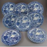 A group of early nineteenth century blue and white transfer-printed Malayan Longhouse pattern