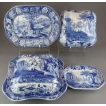 A group of four early nineteenth century blue and white transfer-printed wares, c. 1820. To include: