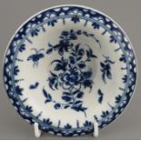 A late eighteenth century blue and white hand-painted Worcester porcelain circular pan, c. 1760-