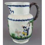 An early nineteenth century pearlware moulded jug with shell-edge borders and decorated in