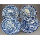 A group of four early nineteenth century blue and white transfer-printed plates, c. 1825. To