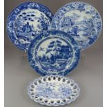 A group of four early nineteenth century blue and white transfer-printed wares, c. 1810-20. To