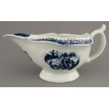 A late eighteenth century blue and white hand-painted Worcester porcelain footed sauce boat, c.