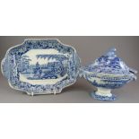 An early nineteenth century blue and white transfer-printed C J Mason Trentham Hall footed tureen