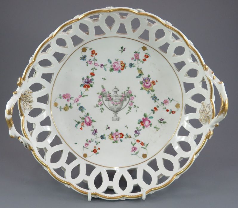 A superb mid-eighteenth century Chelsea Derby porcelain large, open two-handled dessert basket