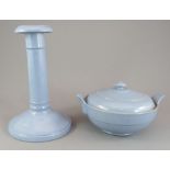 An early nineteenth century Spode blue ground candle stick and covered butter tub, c. 1820. Both are