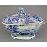 An early nineteenth century blue and white transfer-printed Wiseton Hall sauce tureen and cover,