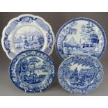 A group of early nineteenth century blue and white transfer-printed plates, c. 1825. To include: C J