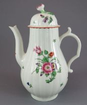 A late eighteenth century Worcester porcelain coffeepot, c. 1770. It is decorated with floral sprays