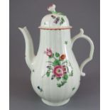 A late eighteenth century Worcester porcelain coffeepot, c. 1770. It is decorated with floral sprays