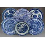 A group of early nineteenth century blue and white transfer-printed plates, c. 1825. To include: a