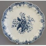 A late eighteenth century blue and white transfer-printed Worcester porcelain shaped plate, c.